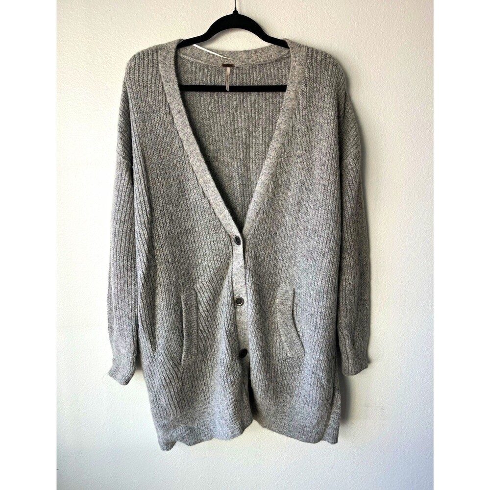 Free People Gray Solid Knit Button Front V-Neck Cardigan Sweater Pockets S